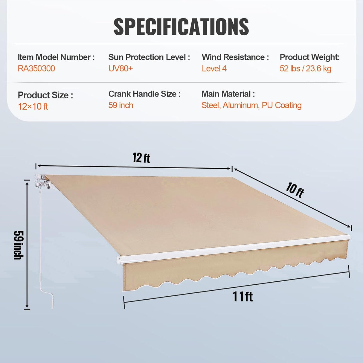 Patioslife Manual Retractable Awning – Outdoor Water-Resistant Polyester Sun Shade with Crank Handle for Patio, Balcony & Backyard