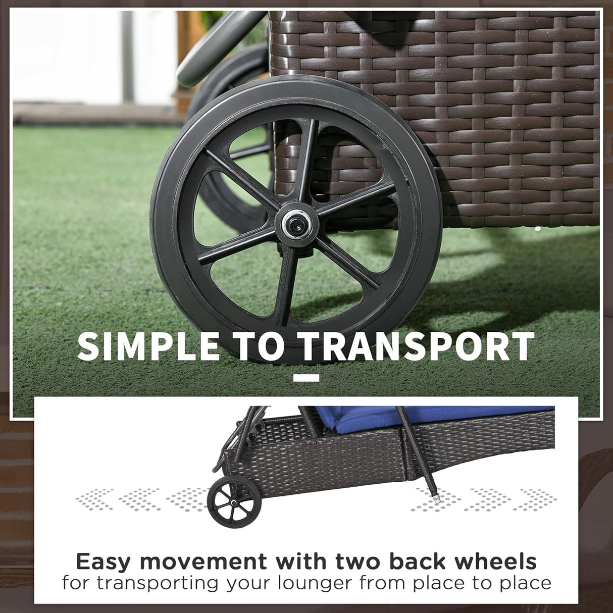 Patioslife Wicker Chaise Lounge Chair – Outdoor PE Rattan Sun Lounger with Cushion, Adjustable 5-Level Backrest, Headrest & Wheels, Deep Coffee & Cream White