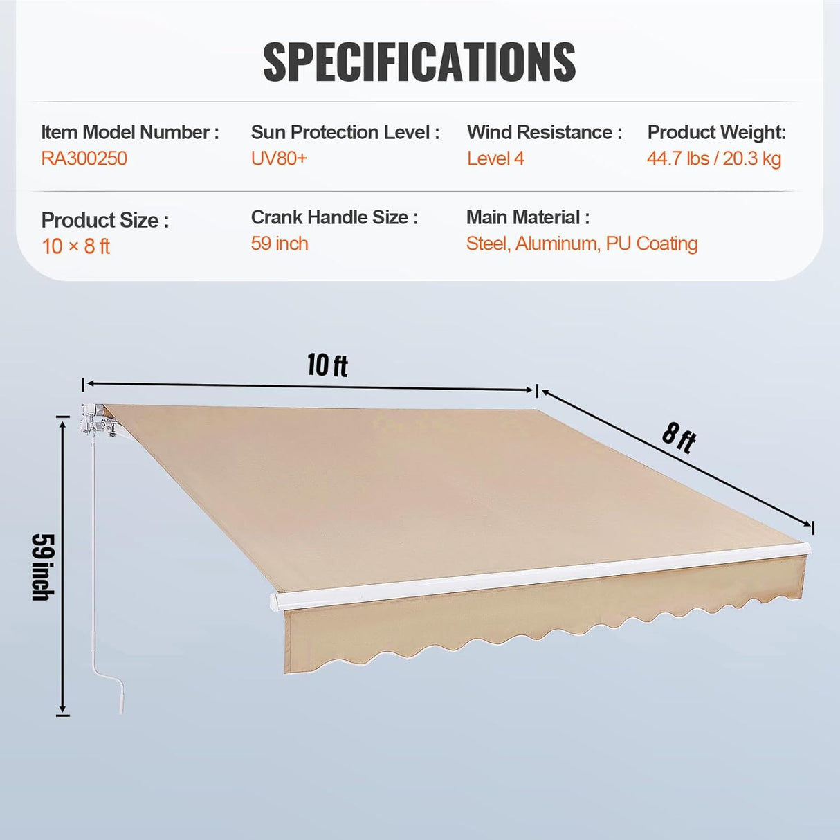 Patioslife Manual Retractable Awning – Outdoor Water-Resistant Polyester Sun Shade with Crank Handle for Patio, Balcony & Backyard