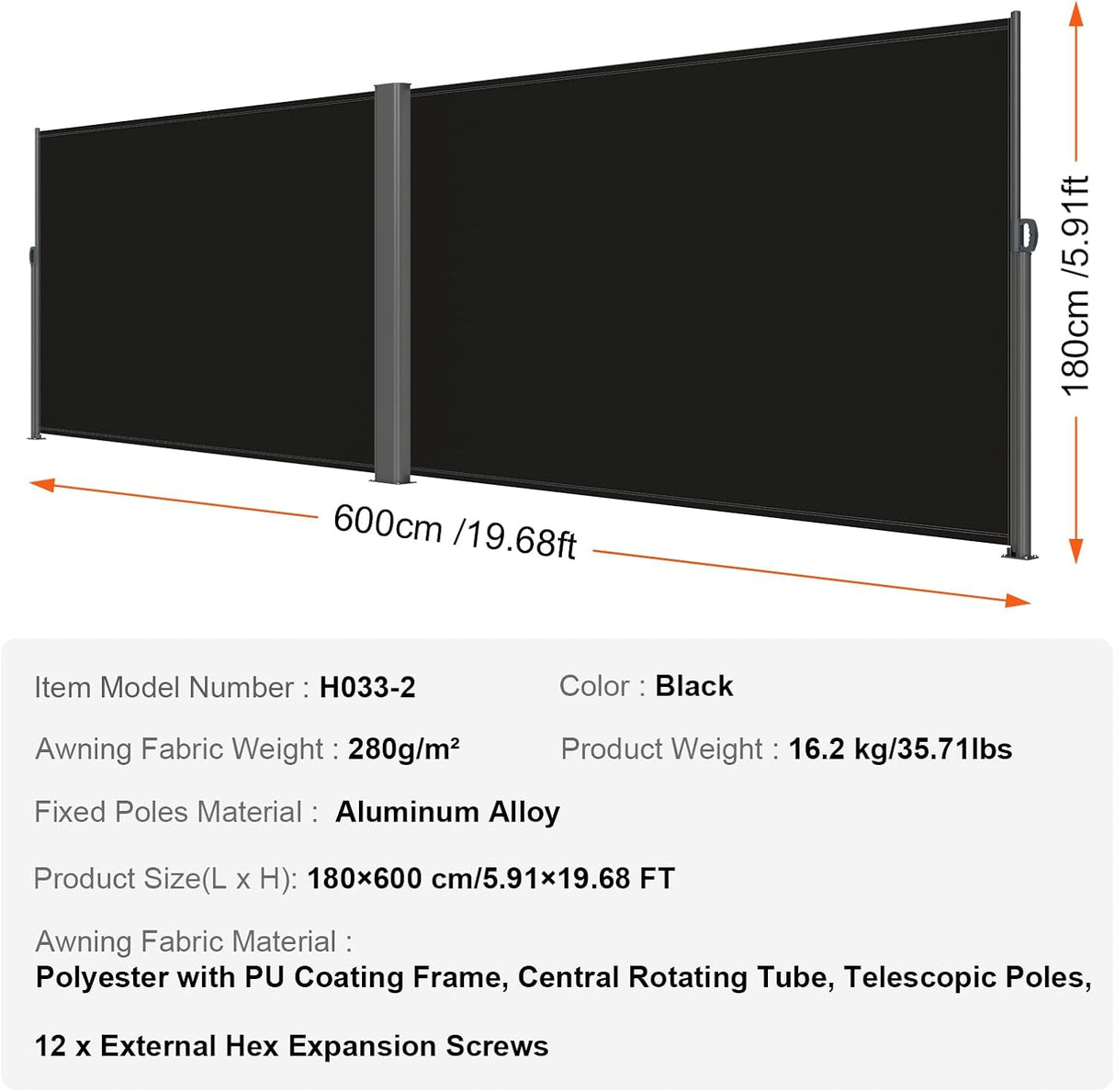 Patioslife Double Retractable Side Awning – Aluminum Privacy Screen & Wind Divider for Patio, Balcony, Terrace & Pool Area