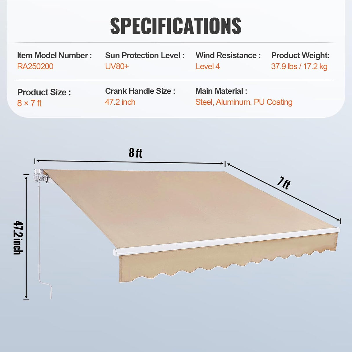 Patioslife Manual Retractable Awning – Outdoor Water-Resistant Polyester Sun Shade with Crank Handle for Patio, Balcony & Backyard