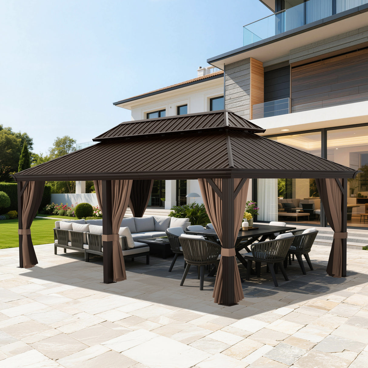 Patioslife Haven Hardtop Gazebo – 4.7" x 4.7" Aluminum Posts, Galvanized Steel Roof with Built-in Drainage Gutters, Double Vented Roof, Curtains & Netting for Backyard or Garden