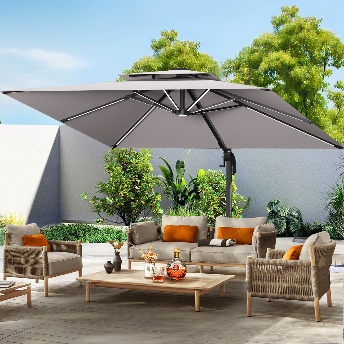Patioslife Aegis Premium Cantilever Umbrella with LED Strip Lights, Fibreglass Ribs, Powder-Coated Aluminium Pole & Protective Cover — Luxury Garden & Patio Shade