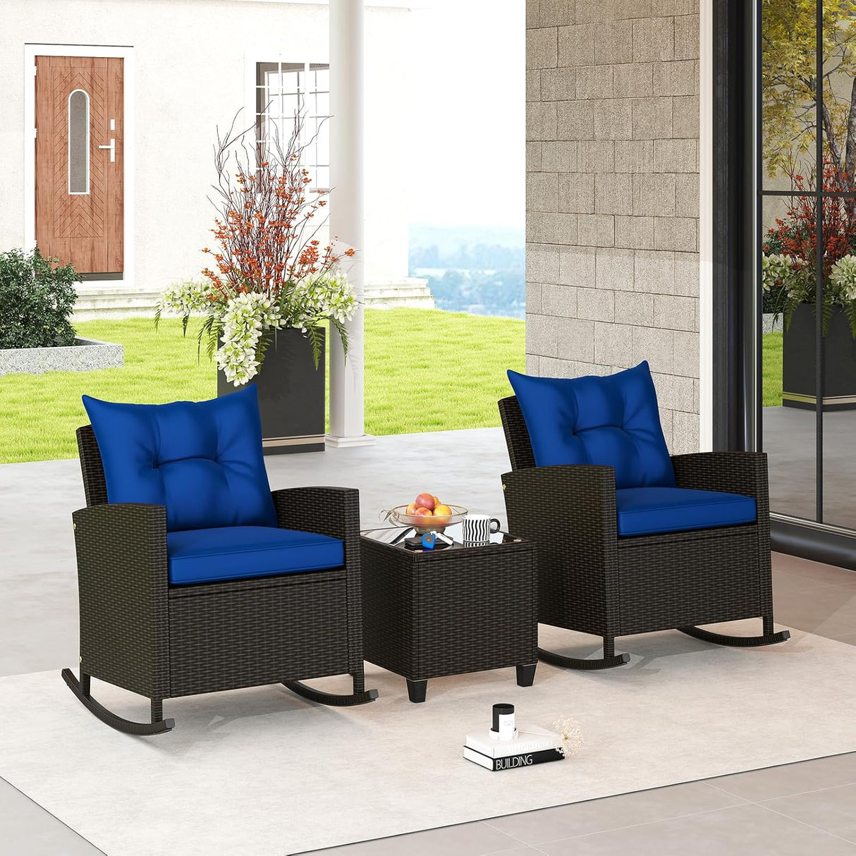 3-Piece Outdoor Wicker Rocking Chair Set – Patio Furniture with Soft Cushions & Glass Coffee Table – Rattan Bistro Set for Porch, Balcony, Garden, or Poolside