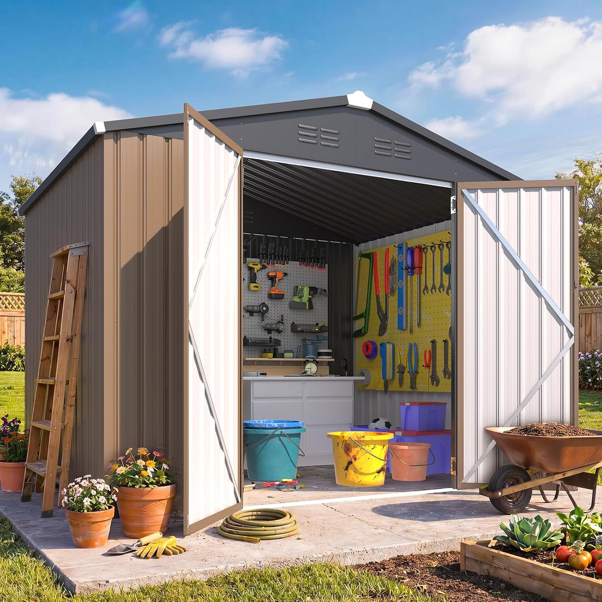 Patioslife Galvanized Steel Garden Shed, Outdoor Storage Shed with Gable Roof, Backyard Tool Shed for Lawn Equipment, Bikes & Gardening Tools
