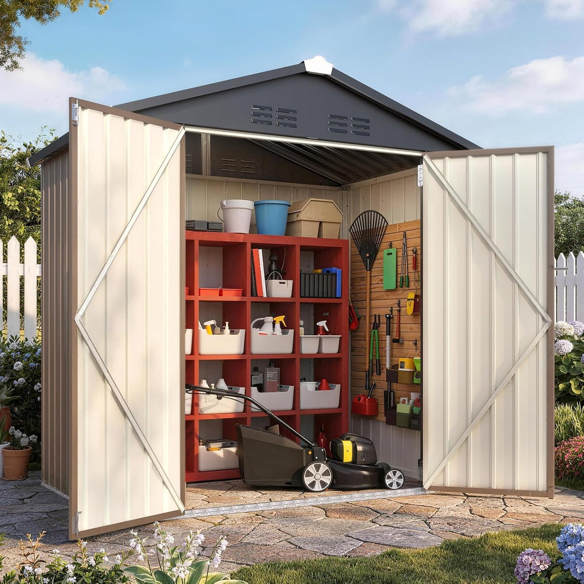 Patioslife Galvanized Steel Garden Shed, Outdoor Storage Shed with Gable Roof, Backyard Tool Shed for Lawn Equipment, Bikes & Gardening Tools