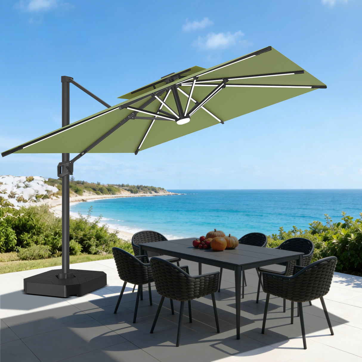 Patioslife Aegis Premium Cantilever Umbrella with Full-Rib LED Strip Lighting, Fibreglass Ribs and Powder-Coated Aluminium Pole for Luxury Garden & Patio Shade