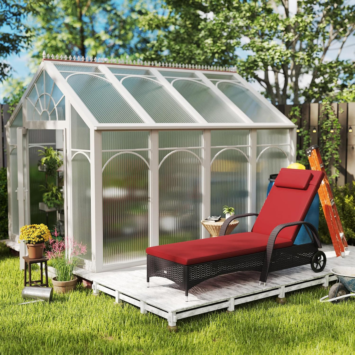 Patioslife Wicker Chaise Lounge Chair – Outdoor PE Rattan Sun Lounger with Cushion, Adjustable 5-Level Backrest, Headrest & Wheels, Deep Coffee & Cream White