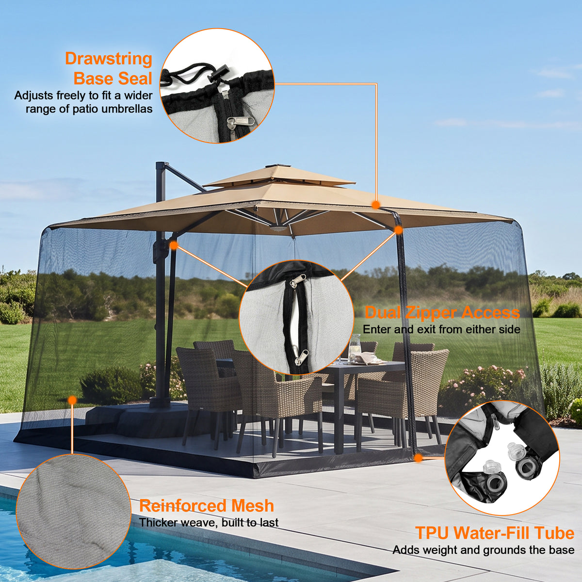 Patioslife Cantilever Umbrella Mosquito Net – Zip-Entry Mesh Screen with Weighted Base, Fits 8–13ft Umbrellas