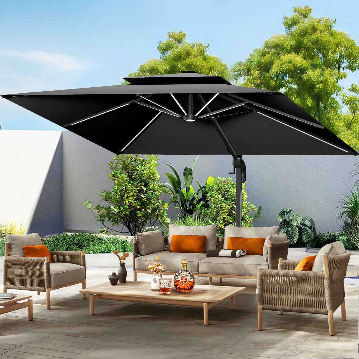 Patioslife Aegis Premium Cantilever Umbrella with LED Strip Lights, Fibreglass Ribs, Powder-Coated Aluminium Pole & Protective Cover — Luxury Garden & Patio Shade