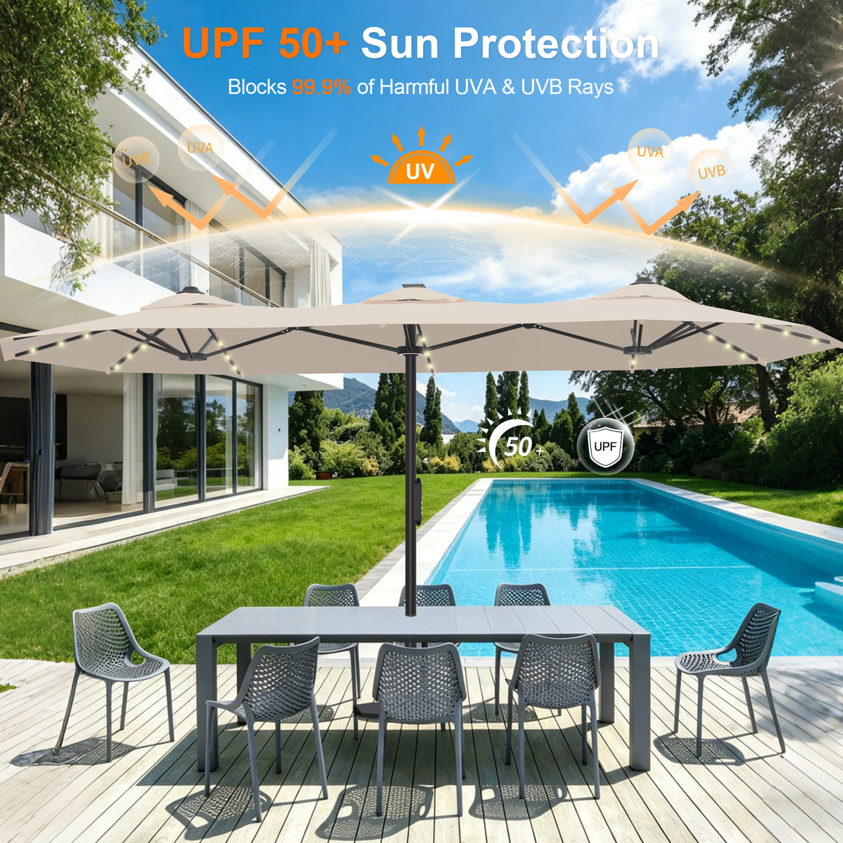 Patioslife Aegis 9x15ft Motorized Cantilever Patio Umbrella — Double-Sided, Remote Control, UPF 50+, Solar LED Lights & Windproof Frame