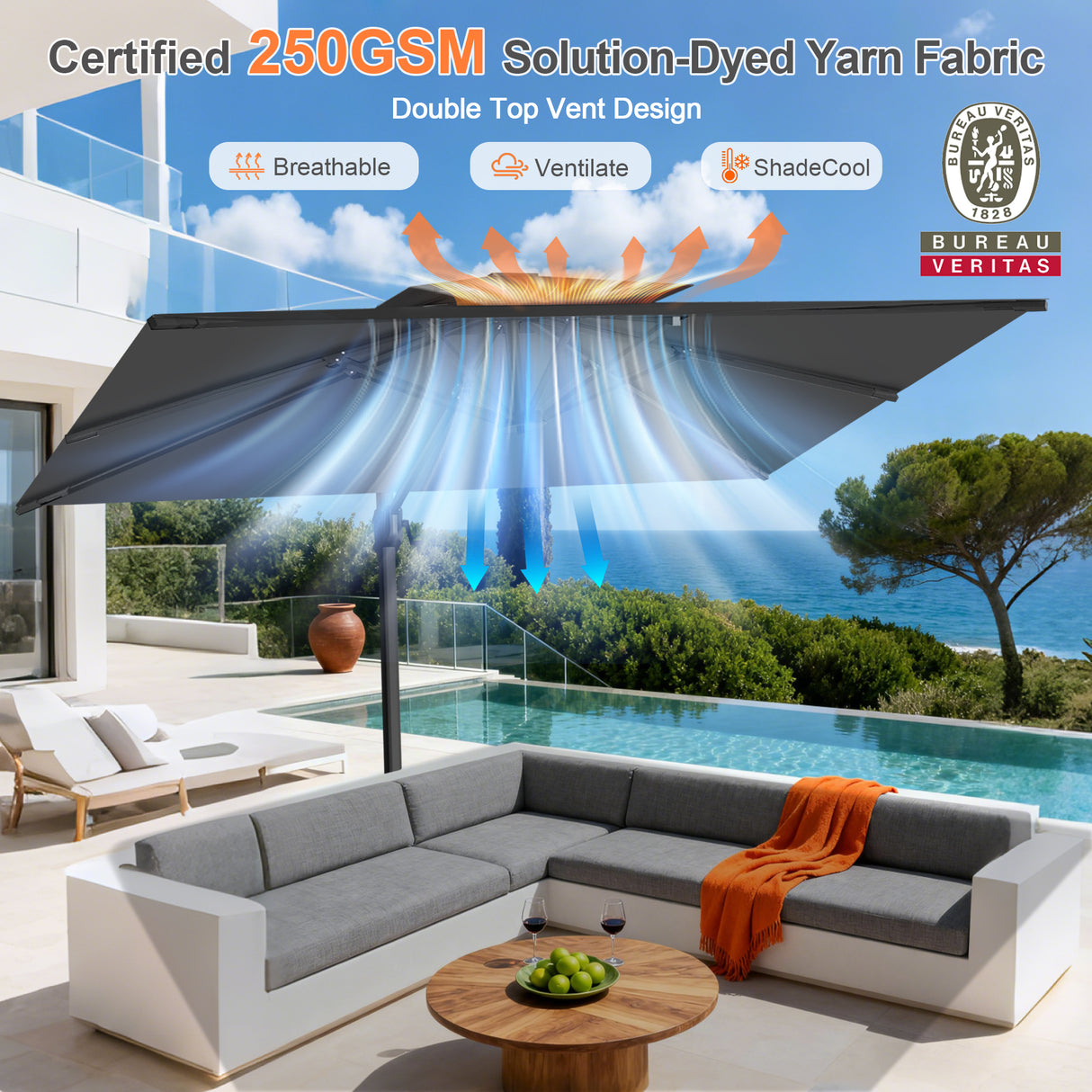Patioslife Aegis Pro Cantilever Umbrella, Reinforced & Powder-Coated Aluminium Ribs and Pole for Garden & Patio