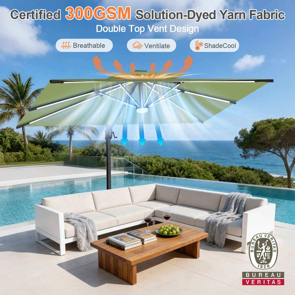 Patioslife Aegis Premium Cantilever Umbrella with Full-Rib LED Strip Lighting, Fibreglass Ribs and Powder-Coated Aluminium Pole for Luxury Garden & Patio Shade