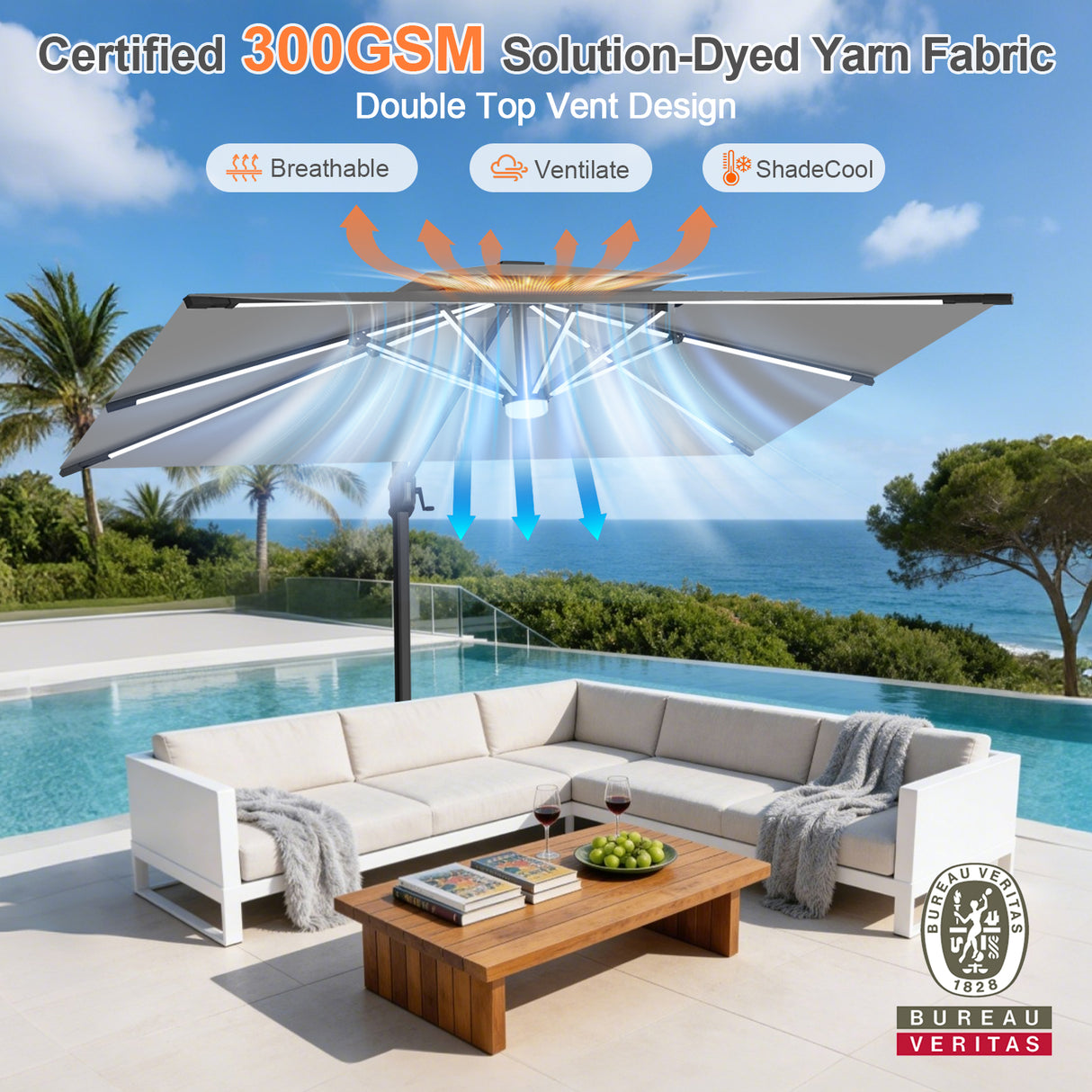 Patioslife Aegis Premium Cantilever Umbrella with Full-Rib LED Strip Lighting, Fibreglass Ribs and Powder-Coated Aluminium Pole for Luxury Garden & Patio Shade