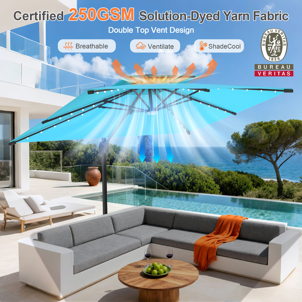 Patioslife Aegis Pro Cantilever Umbrella with LED Lights, Reinforced & Powder-Coated Aluminium Ribs and Pole — Perfect for Garden & Patio