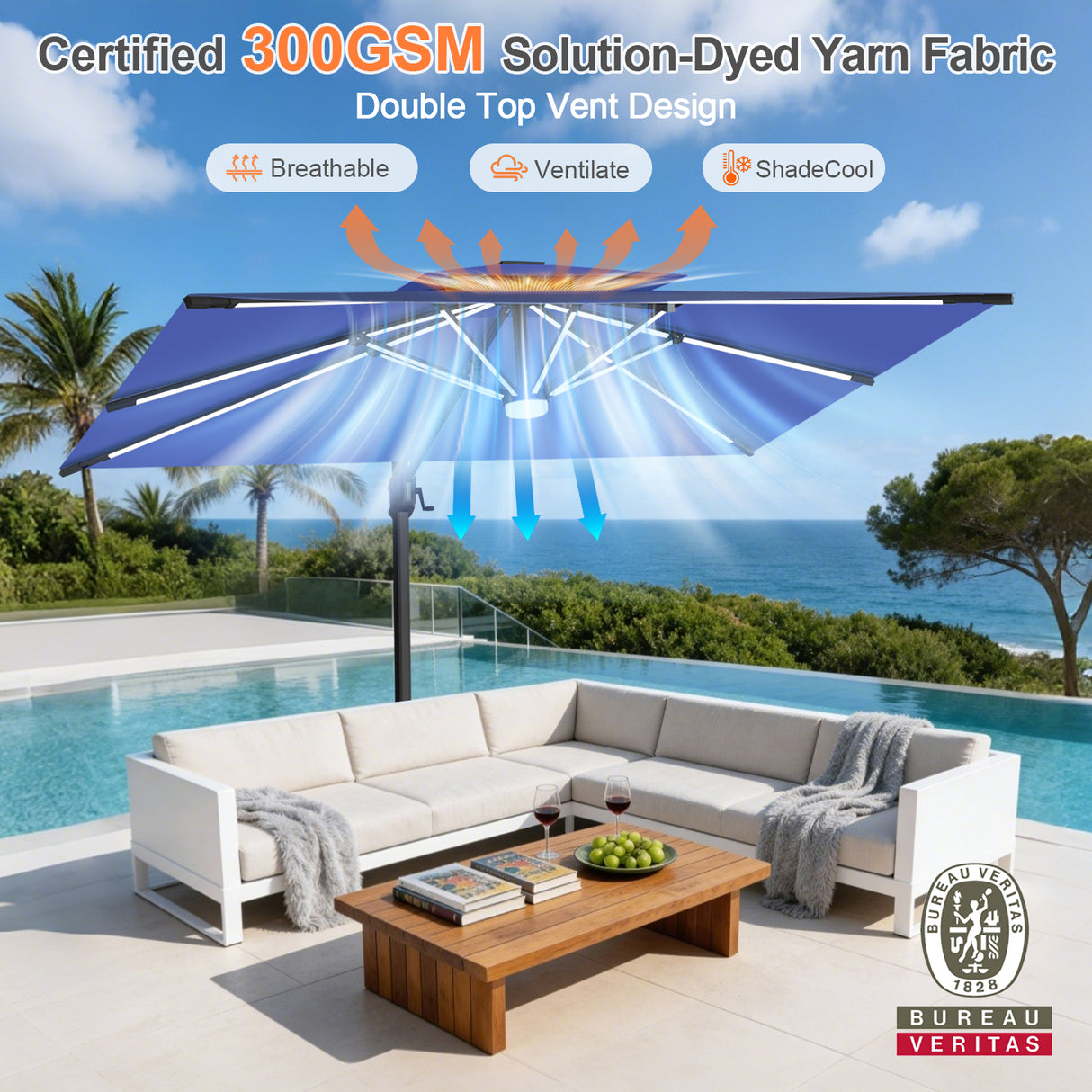 Patioslife Aegis Premium Cantilever Umbrella with Full-Rib LED Strip Lighting, Fibreglass Ribs and Powder-Coated Aluminium Pole for Luxury Garden & Patio Shade