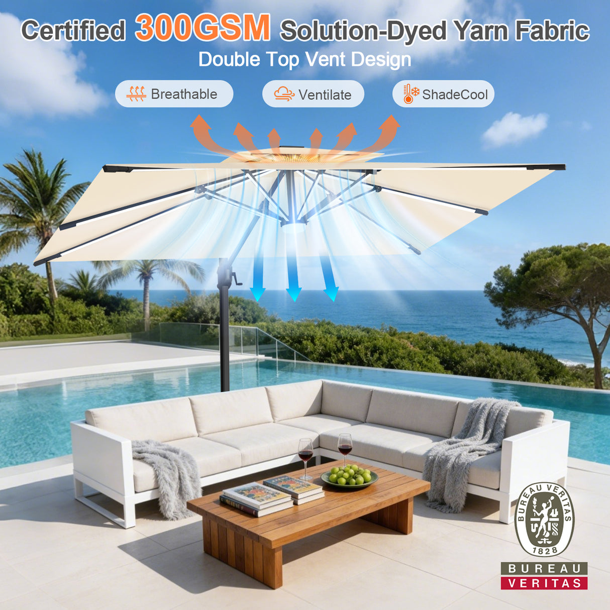 Patioslife Aegis Premium Cantilever Umbrella with Full-Rib LED Strip Lighting, Fibreglass Ribs and Powder-Coated Aluminium Pole for Luxury Garden & Patio Shade