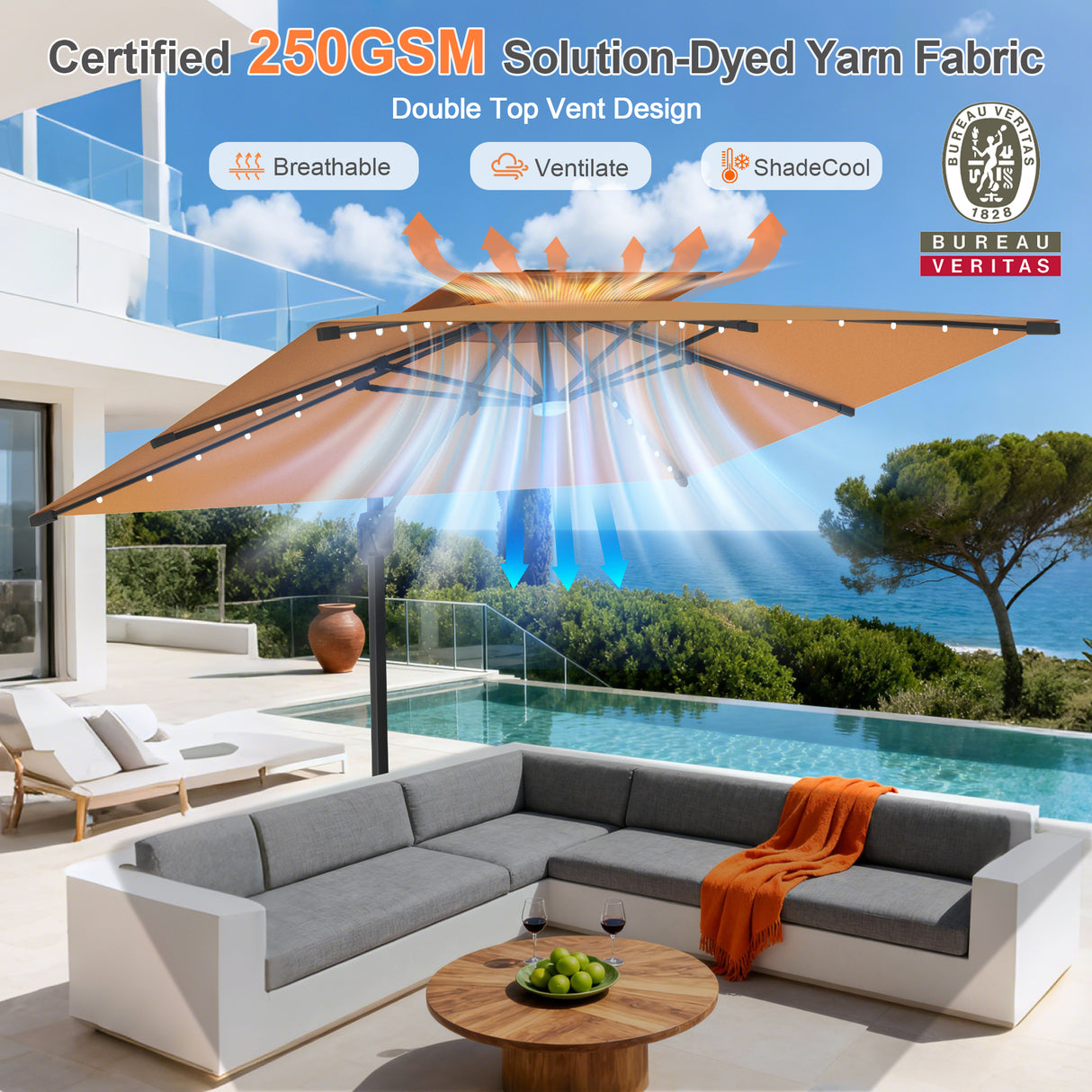 Patioslife Aegis Pro Cantilever Umbrella with LED Lights, Reinforced & Powder-Coated Aluminium Ribs and Pole — Perfect for Garden & Patio