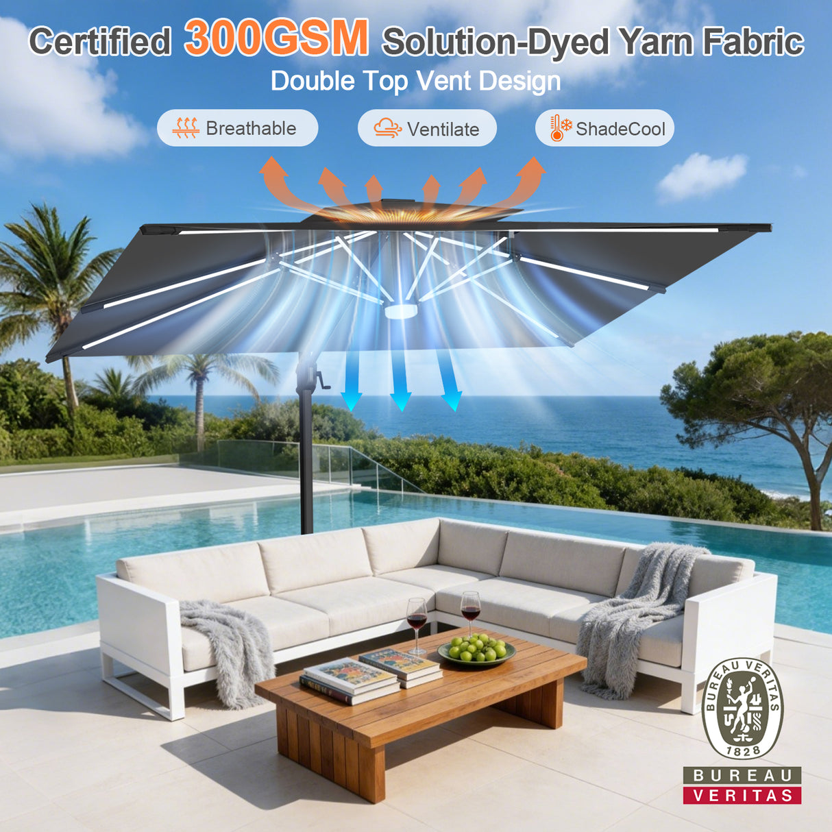 Patioslife Aegis Premium Cantilever Umbrella with Full-Rib LED Strip Lighting, Fibreglass Ribs and Powder-Coated Aluminium Pole for Luxury Garden & Patio Shade