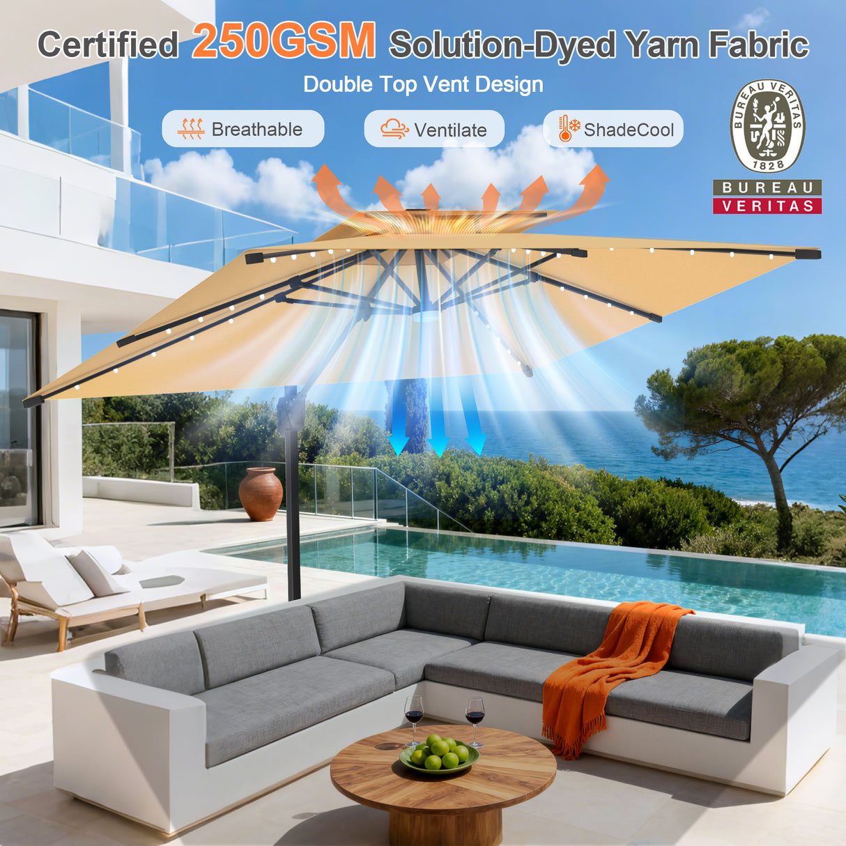 Patioslife Aegis Pro Cantilever Umbrella with LED Lights, Reinforced & Powder-Coated Aluminium Ribs and Pole — Perfect for Garden & Patio