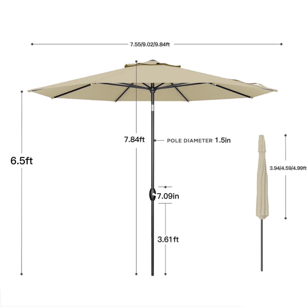 Patioslife 8ft tan patio umbrella dimension guide with canopy width, pole diameter and height details