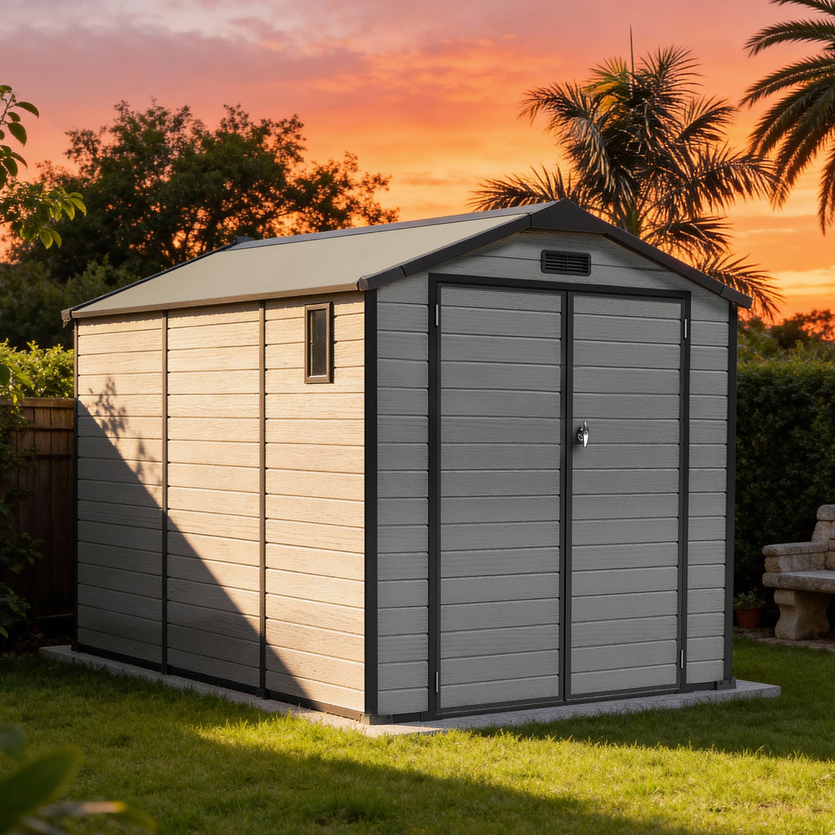 Patioslife YardVault 8x10ft resin garden storage shed with built-in floor, lockable double doors and side window in a sunset backyard