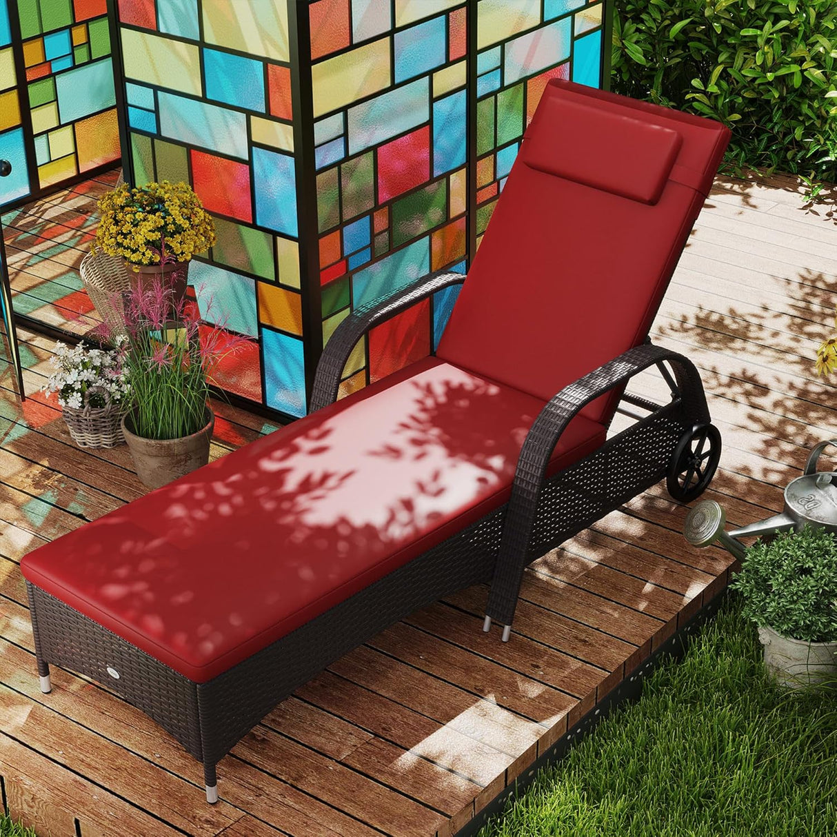 Patioslife Wicker Chaise Lounge Chair – Outdoor PE Rattan Sun Lounger with Cushion, Adjustable 5-Level Backrest, Headrest & Wheels, Deep Coffee & Cream White