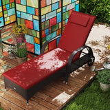 Patioslife Wicker Chaise Lounge Chair – Outdoor PE Rattan Sun Lounger with Cushion, Adjustable 5-Level Backrest, Headrest & Wheels, Deep Coffee & Cream White