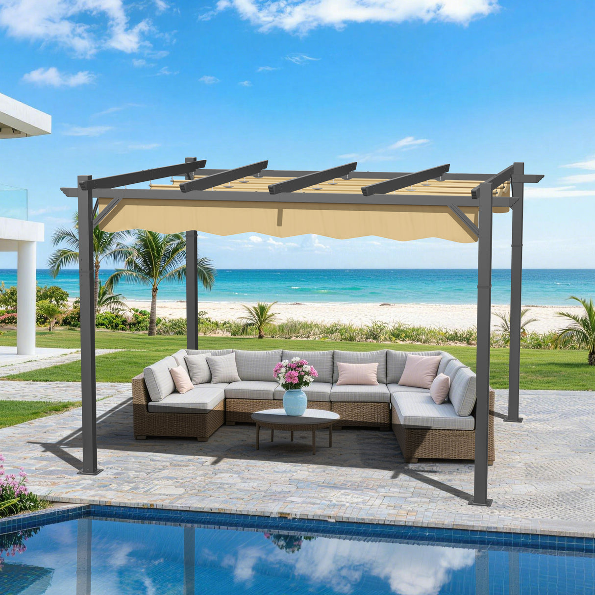 10x12 ft Beige Patioslife Atlantic retractable pergola with adjustable canopy over outdoor sectional sofa beside a pool, beach view and palm trees