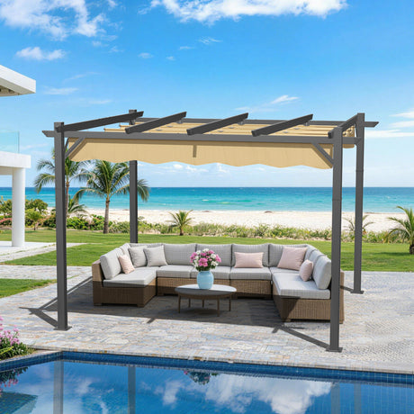 10x12 ft Beige Patioslife Atlantic retractable pergola with adjustable canopy over outdoor sectional sofa beside a pool, beach view and palm trees