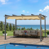 10x13 ft Beige Patioslife Atlantic retractable pergola with adjustable canopy over outdoor sectional sofa on a poolside wooden deck with ocean and mountain views