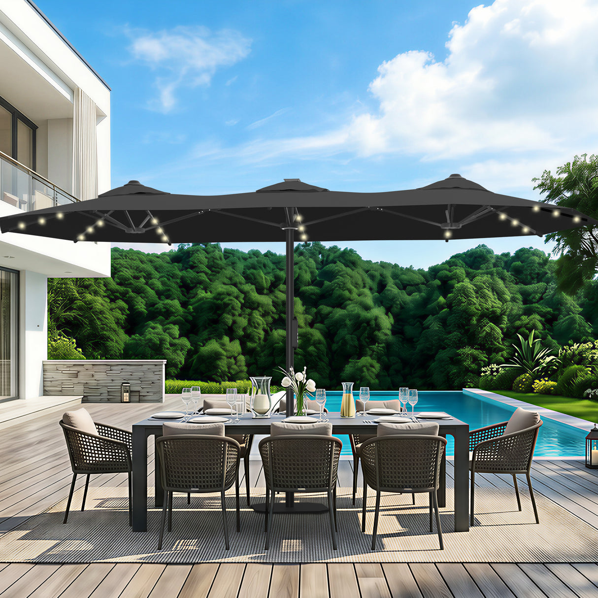 Patioslife Aegis Premium Motorized Double-Sided Patio Umbrella — Remote Control, UPF 50+, Solar LED & Windproof Frame