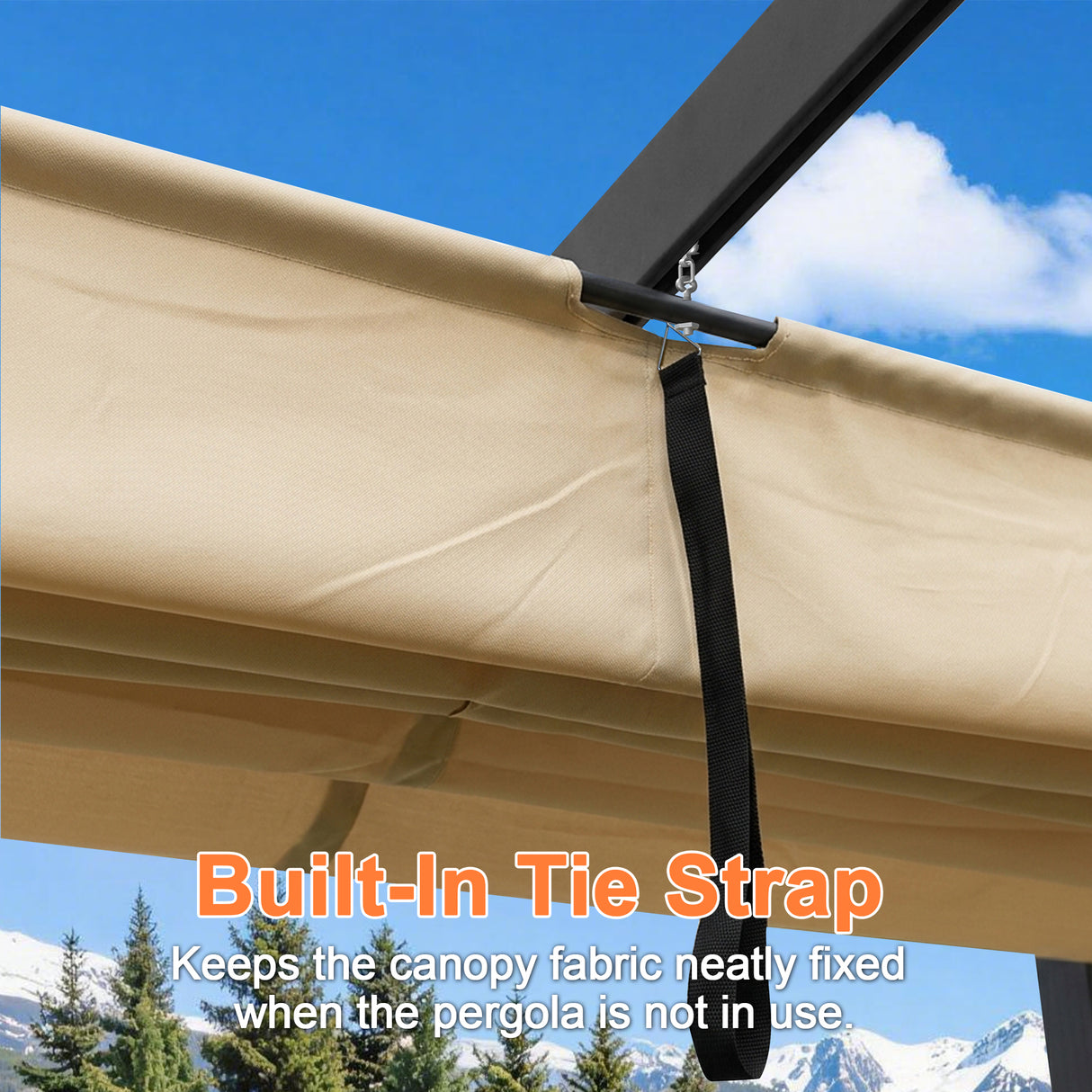 Close-up of beige Patioslife retractable pergola canopy with built-in tie strap to secure the fabric when not in use