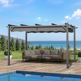 10x13 ft Charcoal Patioslife Atlantic retractable pergola with adjustable canopy over outdoor lounge seating on a poolside deck with ocean and mountain backdrop