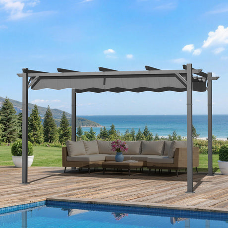 10x13 ft Charcoal Patioslife Atlantic retractable pergola with adjustable canopy over outdoor lounge seating on a poolside deck with ocean and mountain backdrop