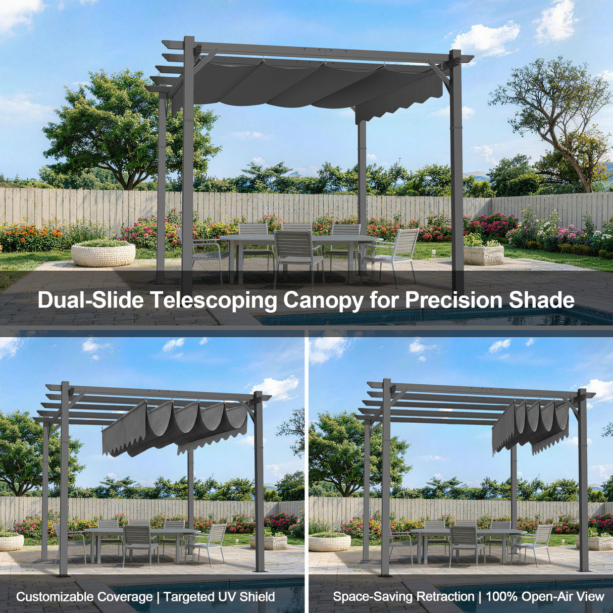 Charcoal retractable pergola with dual-slide canopy showing adjustable shade over backyard dining area by the pool