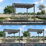Charcoal retractable pergola with dual-slide canopy showing adjustable shade over backyard dining area by the pool