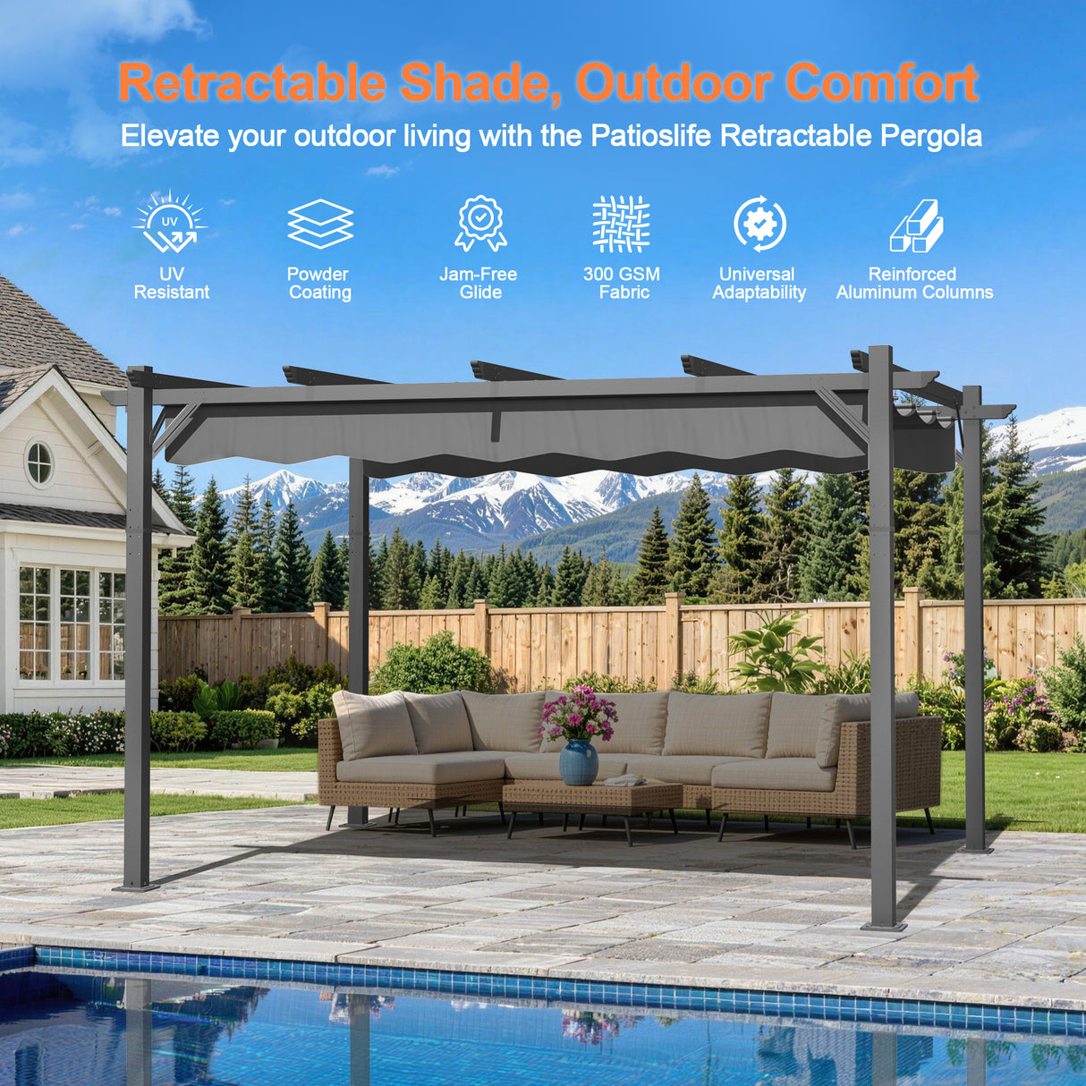 Charcoal Patioslife Atlantic retractable pergola with adjustable canopy over poolside outdoor sofa set and mountain garden backdrop