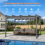 Charcoal Patioslife Atlantic retractable pergola with adjustable canopy over poolside outdoor sofa set and mountain garden backdrop
