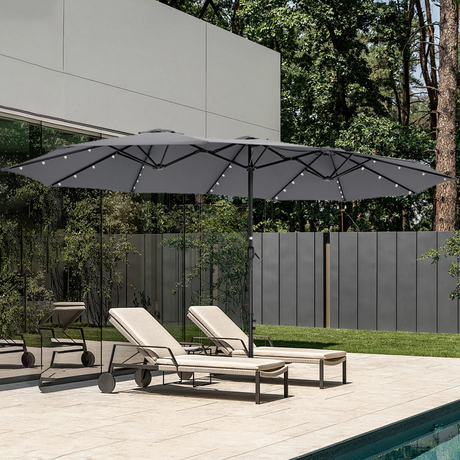 Patioslife Horizon 15 x 9 ft  Dark Greydouble-sided patio umbrella with LED light pool loungers in a modern backyard