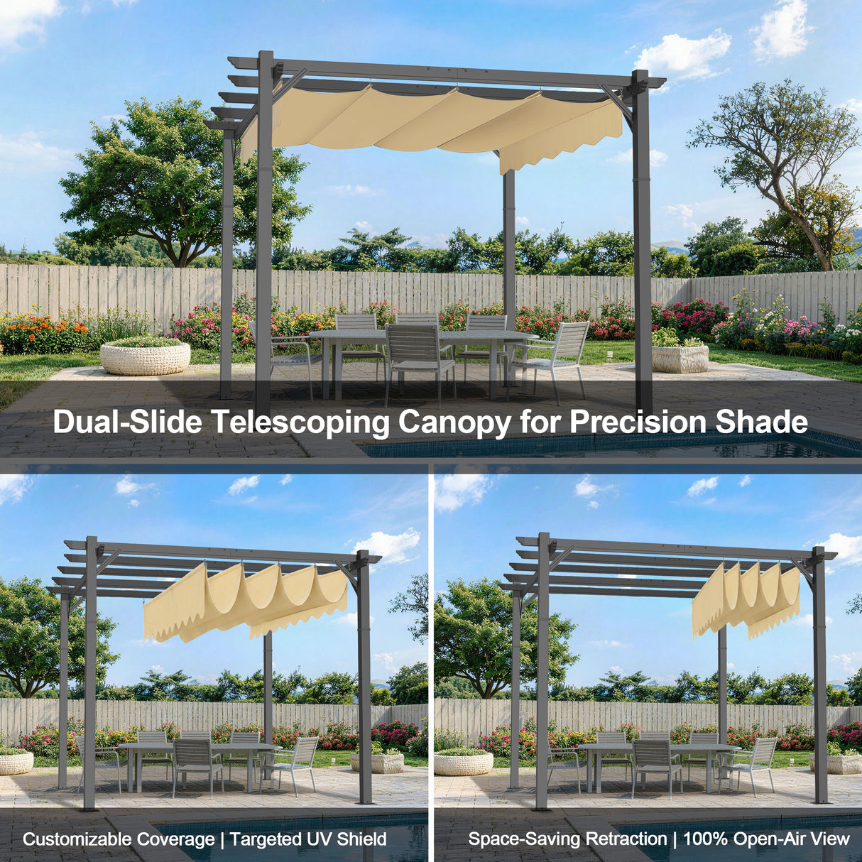Patioslife Atlantic retractable pergola with beige dual-slide telescoping canopy for adjustable shade over backyard dining area