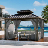 Patioslife Haven | Hardtop Gazebo with Drainage Gutters Aluminum Frame, Double Vented Roof & Curtains, Patio Pergola for Garden or Backyard