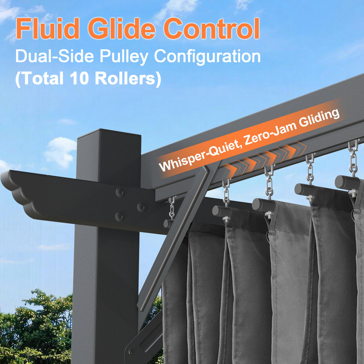 Close-up of charcoal pergola pulley rail with dual-side rollers for smooth retractable canopy glide control