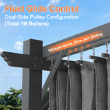 Close-up of charcoal pergola pulley rail with dual-side rollers for smooth retractable canopy glide control
