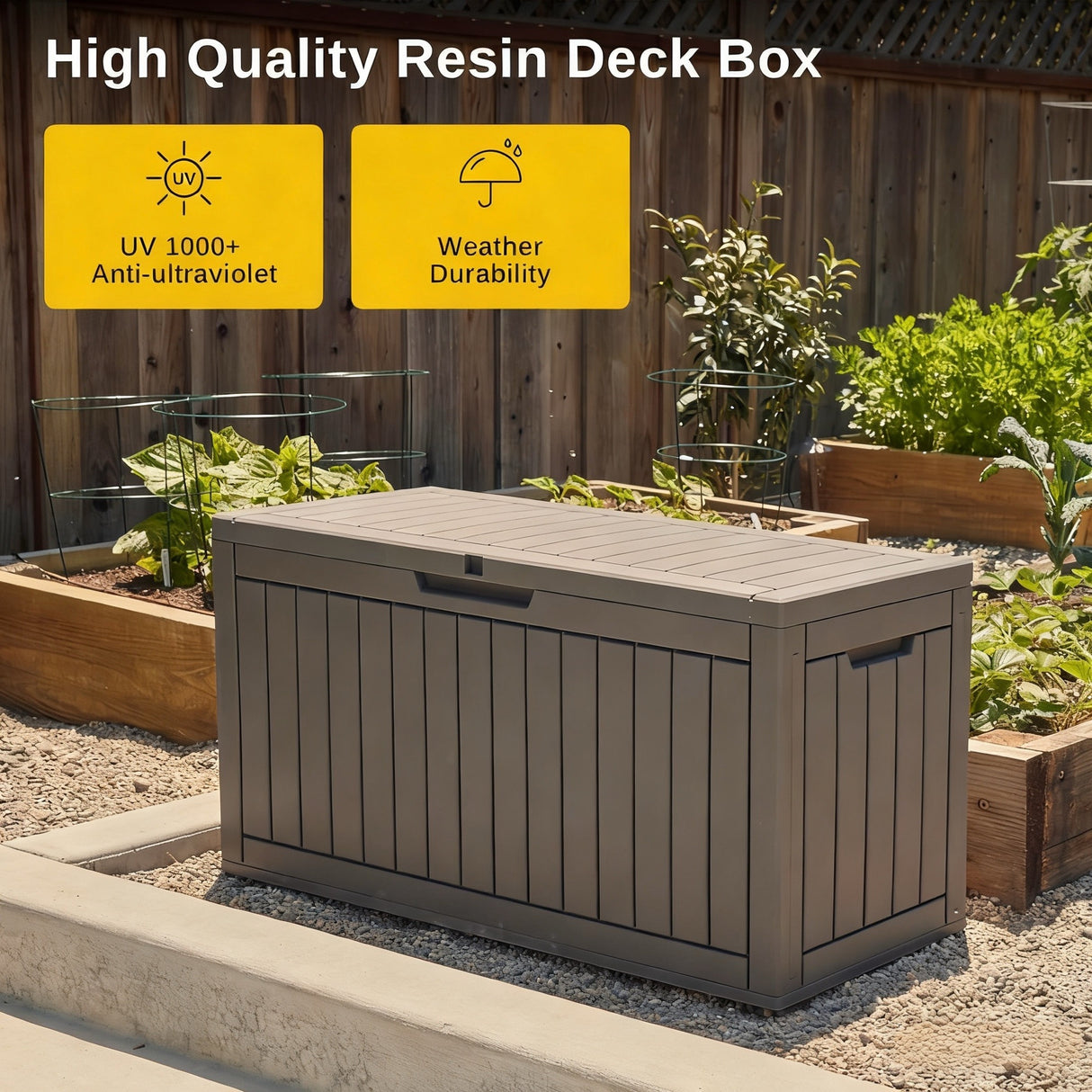 Waterproof Resin Outdoor Storage Box – 60, 90, and 120 Gallon Sizes – Lockable, UV Resistant Deck Storage Bin for Patio Cushions, Gardening Tools, and More – Grey