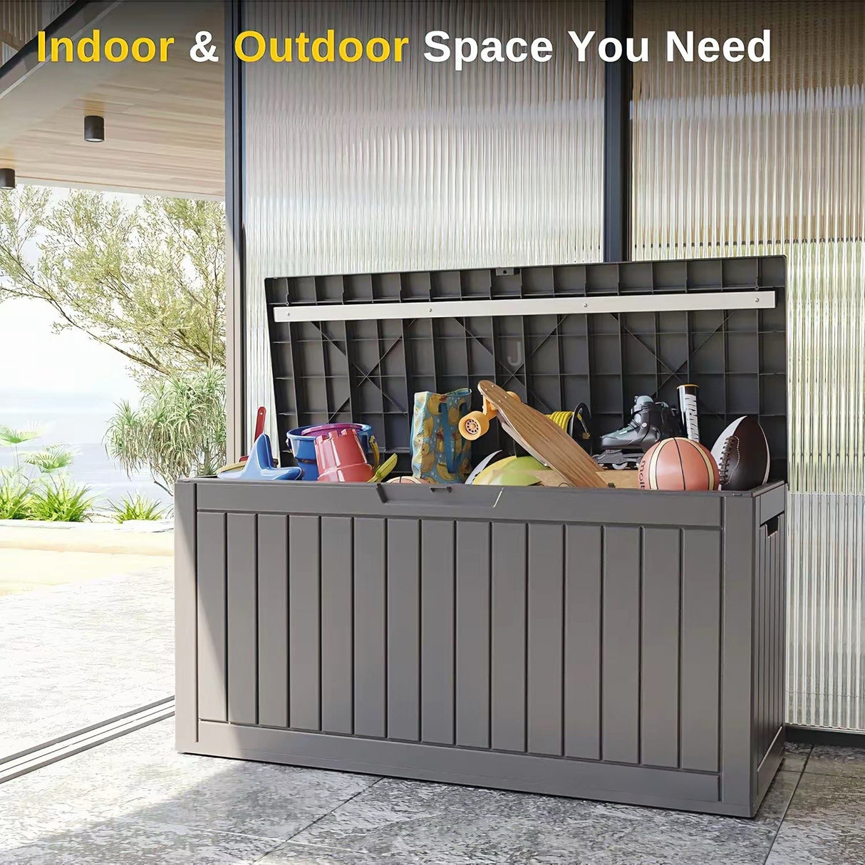 Waterproof Resin Outdoor Storage Box – 60, 90, and 120 Gallon Sizes – Lockable, UV Resistant Deck Storage Bin for Patio Cushions, Gardening Tools, and More – Grey