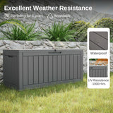 Waterproof Resin Outdoor Storage Box – 60, 90, and 120 Gallon Sizes – Lockable, UV Resistant Deck Storage Bin for Patio Cushions, Gardening Tools, and More – Grey