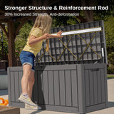 Waterproof Resin Outdoor Storage Box – 60, 90, and 120 Gallon Sizes – Lockable, UV Resistant Deck Storage Bin for Patio Cushions, Gardening Tools, and More – Grey