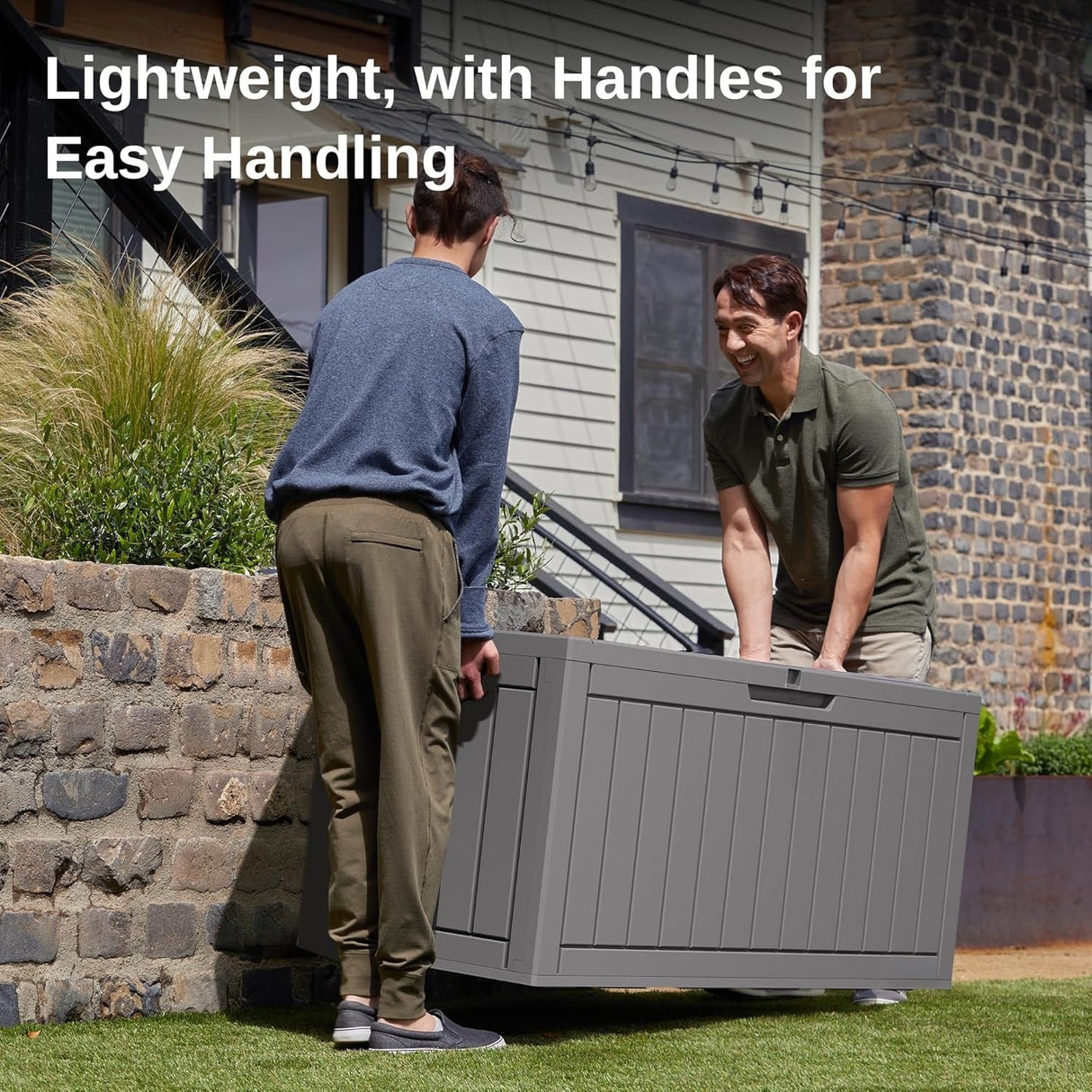 Waterproof Resin Outdoor Storage Box – 60, 90, and 120 Gallon Sizes – Lockable, UV Resistant Deck Storage Bin for Patio Cushions, Gardening Tools, and More – Grey