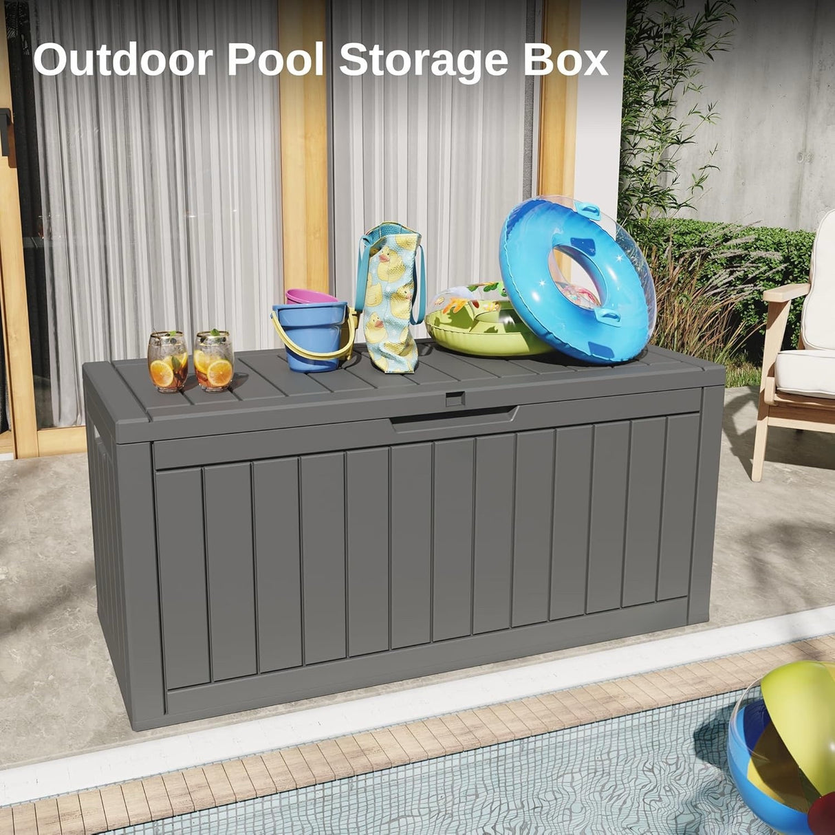 Waterproof Resin Outdoor Storage Box – 60, 90, and 120 Gallon Sizes – Lockable, UV Resistant Deck Storage Bin for Patio Cushions, Gardening Tools, and More – Grey